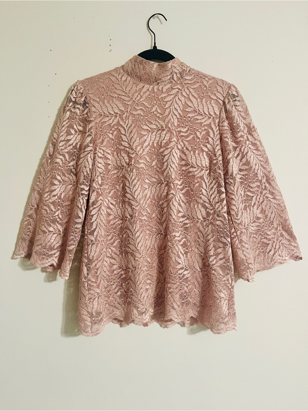 Susan Graver Liquid Lace Mock Neck Blouse Top XS Bell Sleeve Pearl Button Back